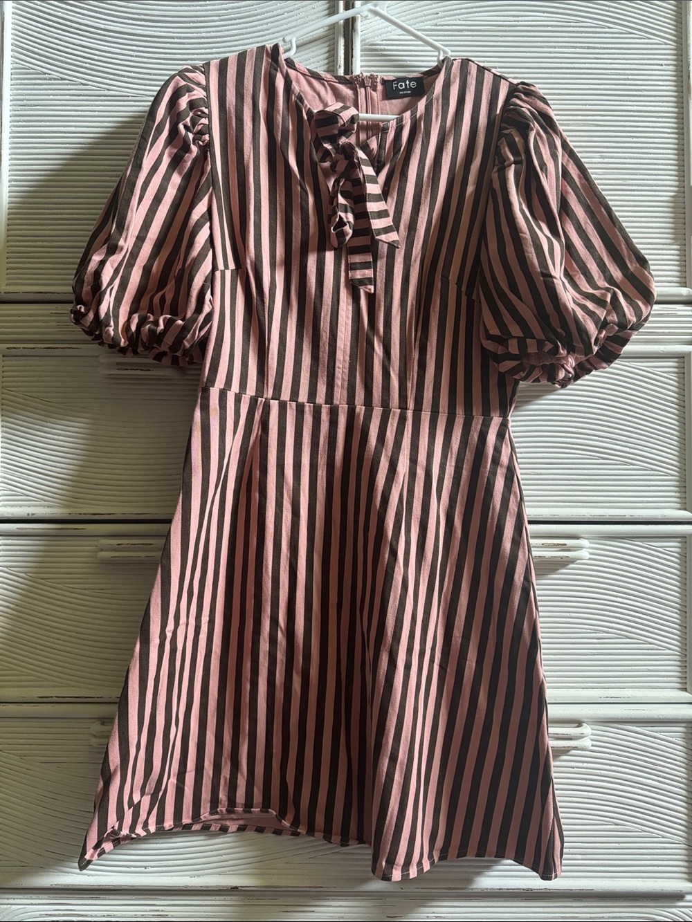 Fate pink and brown Striped Puff-Sleeve Dress with key hole neck tie!